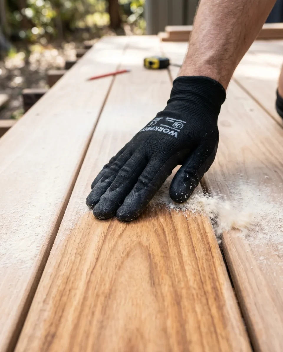 A craftsman inspecting timber deck after sanding
