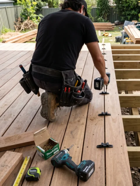 Deck builder kneeling on a half completed custom timber deck