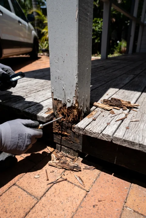 Inspecting rotten supporting post