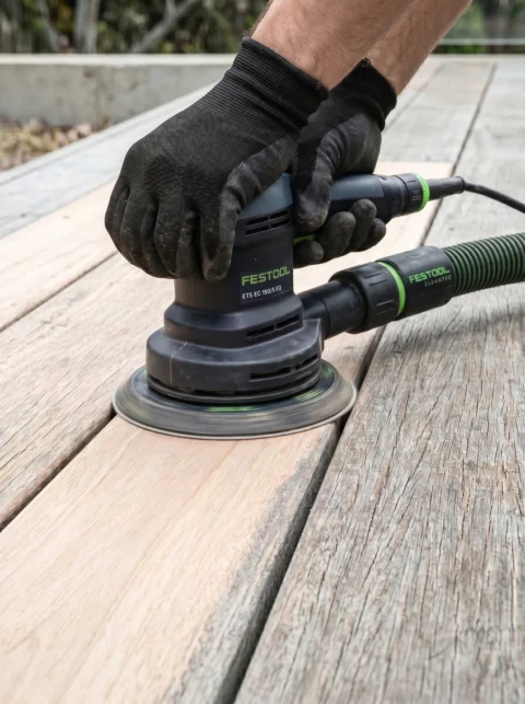 Sanding a merbau deck with a sanding machine