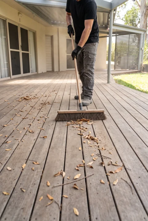 Sweeping leaf litter off a timber deck