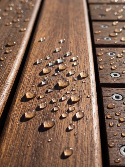 Water droplets resting on a freshly sealed timber deck board